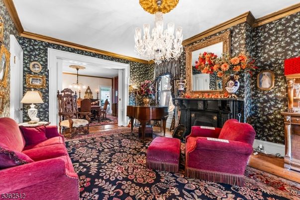 Chandelier, Dining room, Fireplace, Interior, Living room, Piano