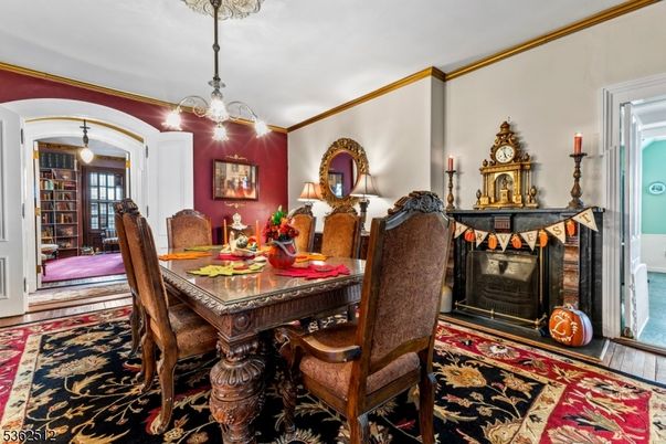 Dining room, Fireplace, Interior, Pendant Lights