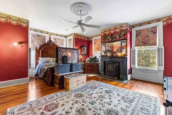 Bedroom, Fireplace, Interior, Wood Texture Flooring