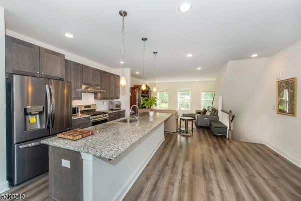 Interior, Kitchen, Living room, Pendant Lights, Recessed Lighting, Stainless Steel Appliances, Wood Texture Flooring