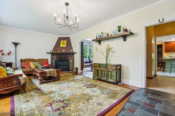 Chandelier, Fireplace, Interior, Pendant Lights, Stone Walls