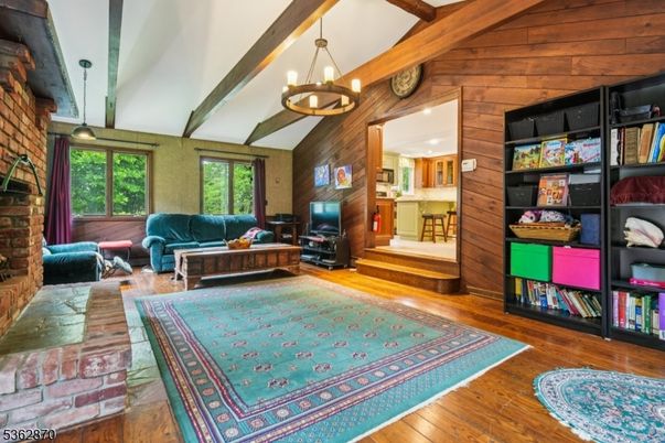 Fireplace, Interior, Living room, Pendant Lights, Wooden Beams, Wood Texture Flooring, Wooden Walls