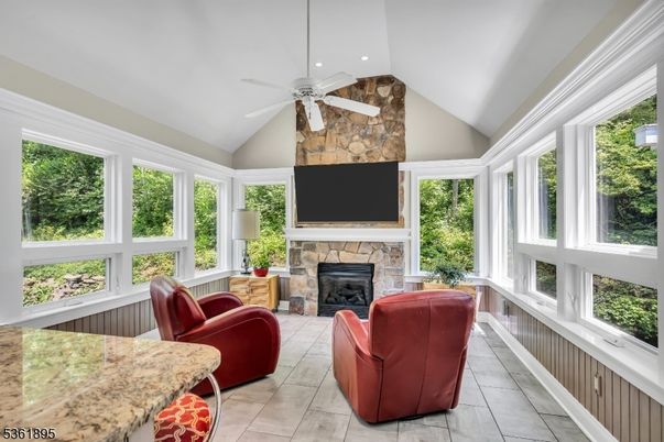 Fireplace, Interior, Living room, Recessed Lighting, Stone Walls, Sun Room