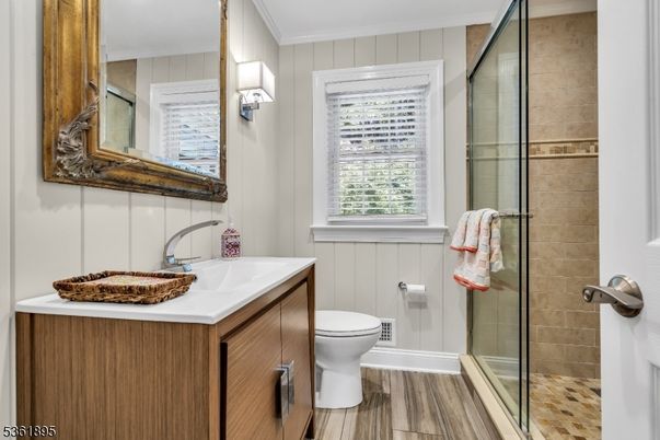 Bathroom, Glass Shower, Interior, Wood Texture Flooring