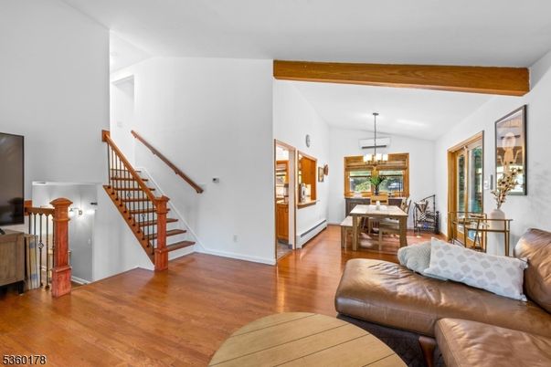 Chandelier, Dining room, Interior, Wooden Beams, Wood Texture Flooring