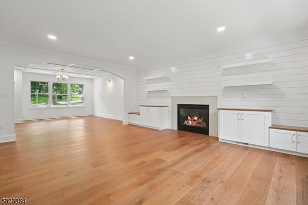 Empty room, Fireplace, Interior, Recessed Lighting, Wood Texture Flooring