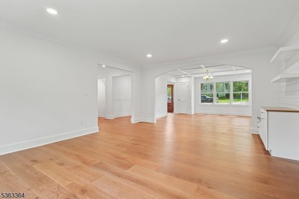 Chandelier, Empty room, Interior, Recessed Lighting, Wood Texture Flooring