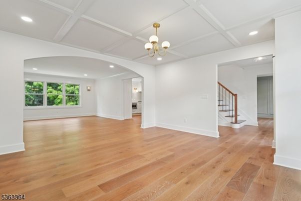 Chandelier, Empty room, Interior, Recessed Lighting, Wood Texture Flooring