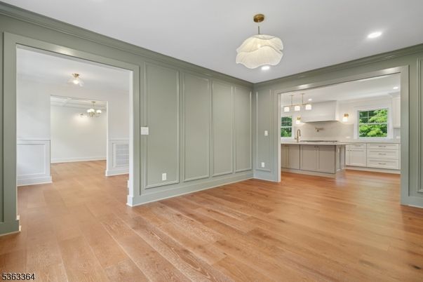 Empty room, Interior, Kitchen, Pendant Lights, Recessed Lighting, Wood Texture Flooring