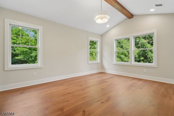 Empty room, Interior, Pendant Lights, Recessed Lighting, Wooden Beams, Wood Texture Flooring