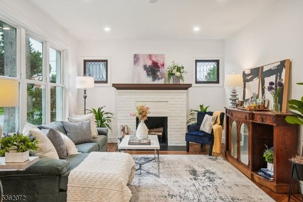 Fireplace, Interior, Living room, Recessed Lighting, Wood Texture Flooring