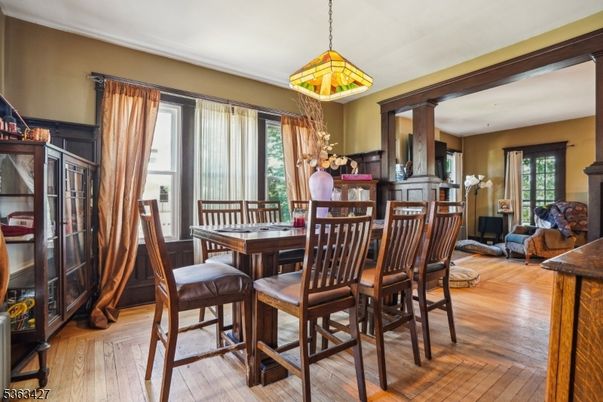 Dining room, Interior, Pendant Lights, Wood Texture Flooring