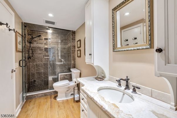 Bathroom, Glass Shower, Interior, Recessed Lighting, Wood Texture Flooring