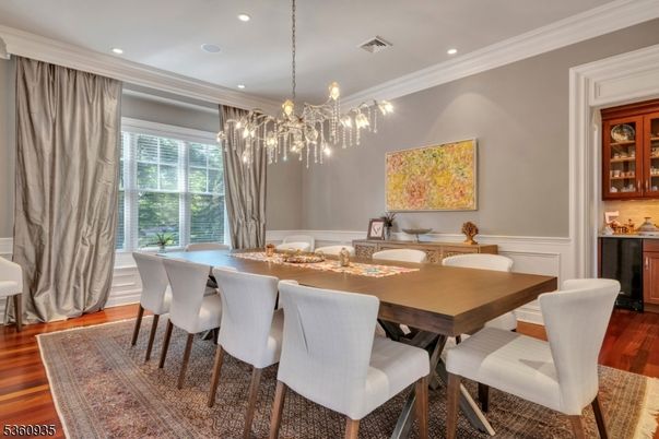 Chandelier, Dining room, Interior, Pendant Lights, Recessed Lighting, Wood Texture Flooring