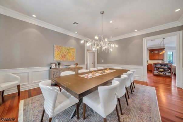 Dining room, Interior, Pendant Lights, Recessed Lighting, Wood Texture Flooring