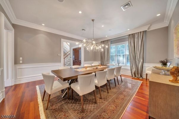 Dining room, Interior, Pendant Lights, Recessed Lighting, Wood Texture Flooring