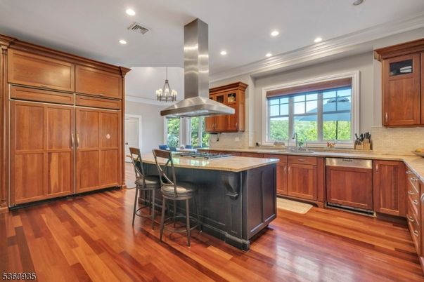 Chandelier, Interior, Kitchen, Pendant Lights, Recessed Lighting, Wood Texture Flooring