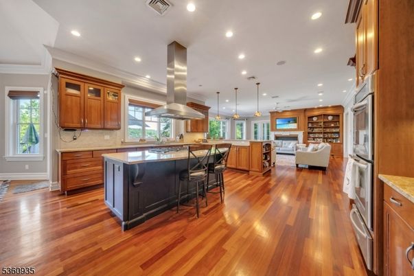 Fireplace, Interior, Kitchen, Living room, Pendant Lights, Recessed Lighting, Stainless Steel Appliances, Wood Texture Flooring