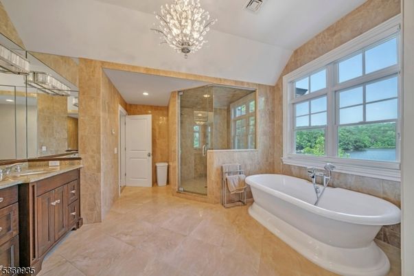 Bathroom, Free Standing Baths, Glass Shower, Interior, Recessed Lighting