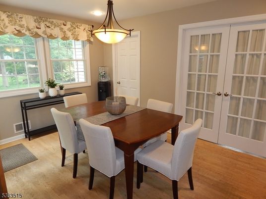 Dining room, Interior, Pendant Lights, Recessed Lighting, Wood Texture Flooring