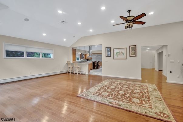 Dining room, Empty room, Interior, Kitchen, Recessed Lighting, Wood Texture Flooring