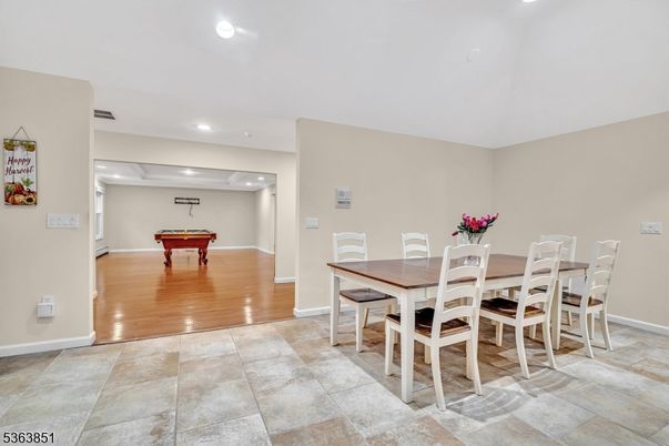 Billiard Table, Dining room, Game Room, Interior, Recessed Lighting, Wood Texture Flooring