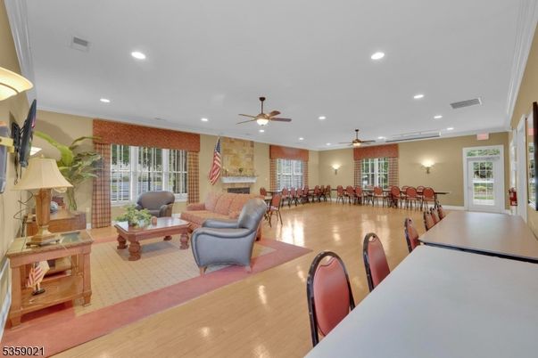 Dining room, Fireplace, Interior, Living room, Recessed Lighting, Stone Walls