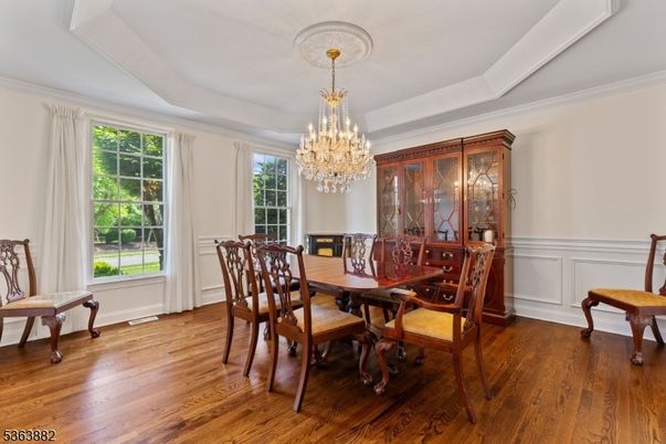 Chandelier, Dining room, Interior, Wood Texture Flooring