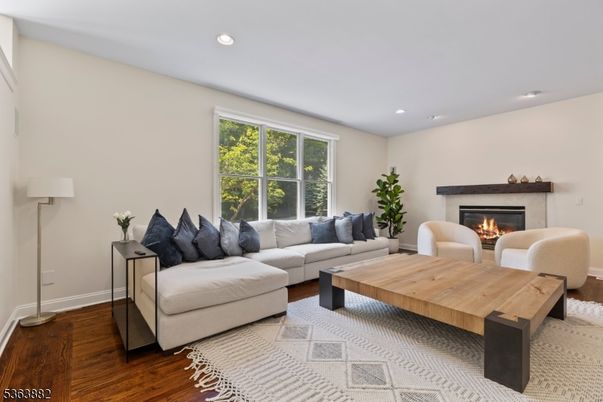 Fireplace, Interior, Living room, Recessed Lighting, Wood Texture Flooring