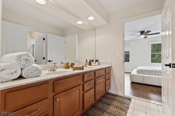 Bathroom, Dual Sink Vanities, Interior, Recessed Lighting, Wood Texture Flooring