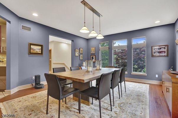 Dining room, Interior, Pendant Lights, Recessed Lighting, Wood Texture Flooring