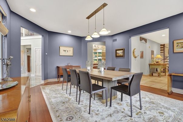 Dining room, Interior, Pendant Lights, Recessed Lighting, Wood Texture Flooring