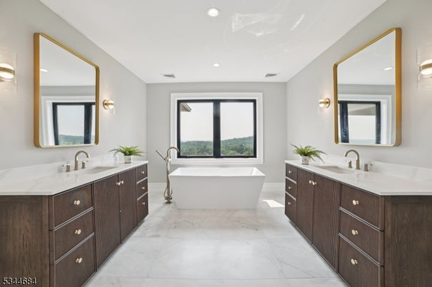 Bathroom, Dual Sink Vanities, Free Standing Baths, Interior, Marble, Recessed Lighting