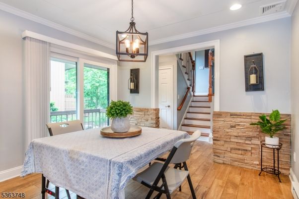 Dining room, Interior, Pendant Lights, Recessed Lighting, Wood Texture Flooring