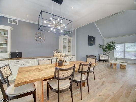 Dining room, Interior, Pendant Lights, Recessed Lighting, Wood Texture Flooring