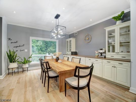 Dining room, Interior, Pendant Lights, Recessed Lighting, Wood Texture Flooring