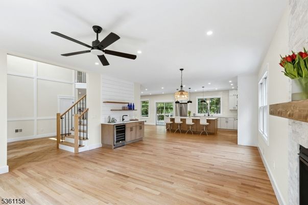 Dining room, Fireplace, Interior, Kitchen, Pendant Lights, Recessed Lighting, Wood Texture Flooring