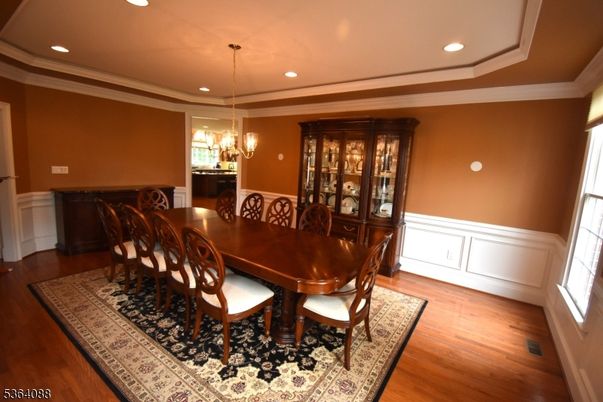 Chandelier, Dining room, Interior, Pendant Lights, Recessed Lighting, Wood Texture Flooring