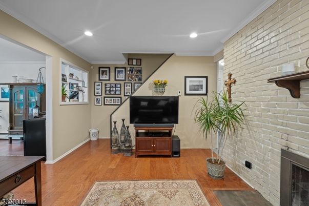 Fireplace, Interior, Recessed Lighting, Stone Walls, Wood Texture Flooring
