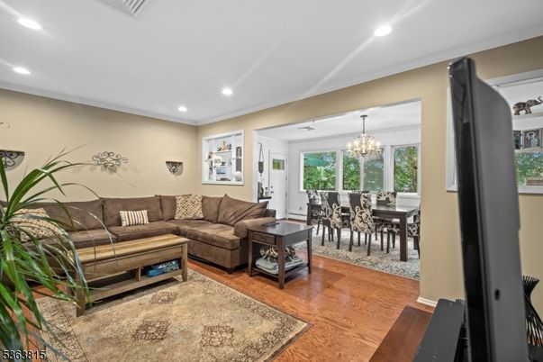 Chandelier, Dining room, Interior, Living room, Recessed Lighting, Wood Texture Flooring