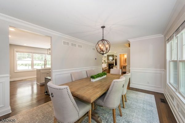 Chandelier, Dining room, Interior, Recessed Lighting, Wood Texture Flooring