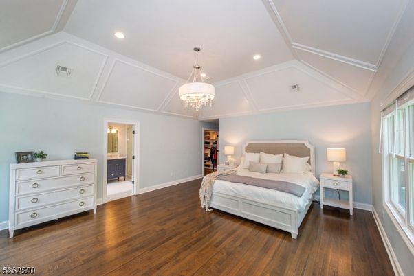 Bedroom, Interior, Pendant Lights, Recessed Lighting, Wood Texture Flooring
