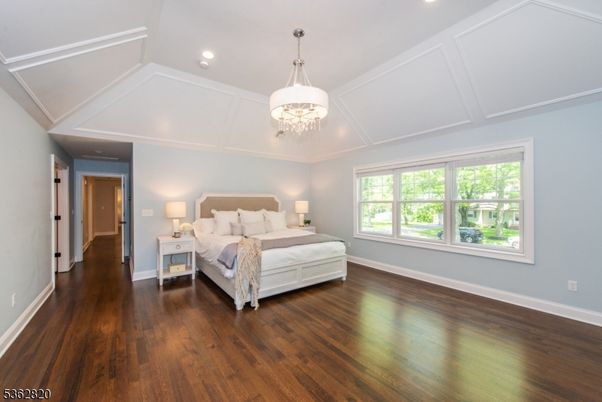 Bedroom, Chandelier, Interior, Recessed Lighting, Wood Texture Flooring