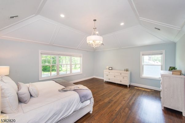Bedroom, Chandelier, Interior, Recessed Lighting, Wood Texture Flooring