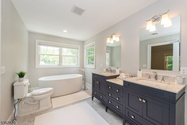 Bathroom, Dual Sink Vanities, Free Standing Baths, Interior, Marble, Recessed Lighting
