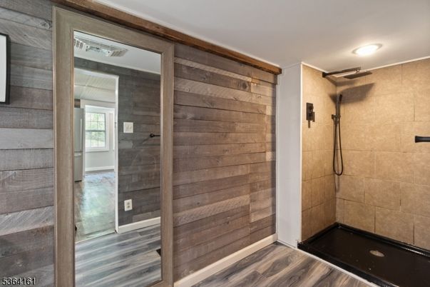 Bathroom, Interior, Recessed Lighting, Wood Texture Flooring, Wooden Walls