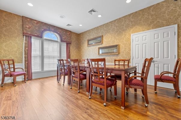 Dining room, Interior, Recessed Lighting, Wood Texture Flooring