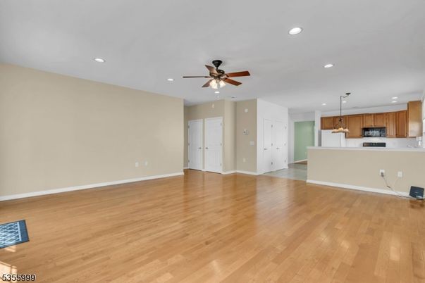 Empty room, Interior, Kitchen, Pendant Lights, Recessed Lighting, Wood Texture Flooring