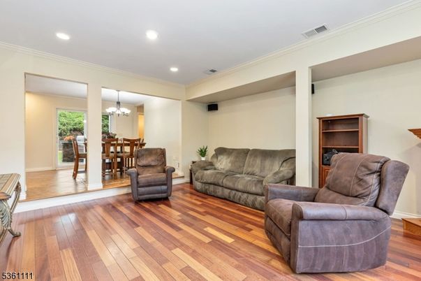 Chandelier, Dining room, Interior, Living room, Recessed Lighting, Wood Texture Flooring