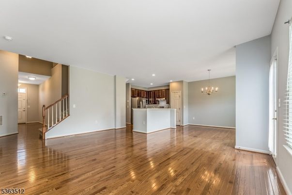 Chandelier, Empty room, Interior, Kitchen, Recessed Lighting, Wood Texture Flooring